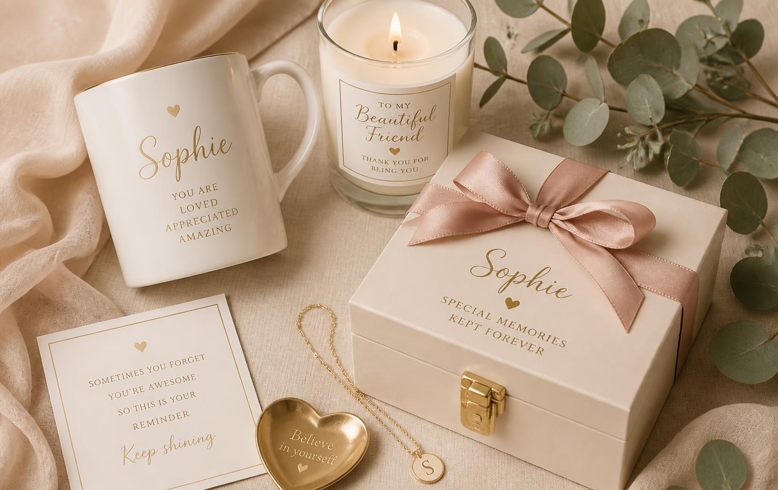 Flat lay of personalized keepsake gifts including a mug, candle and keepsake box